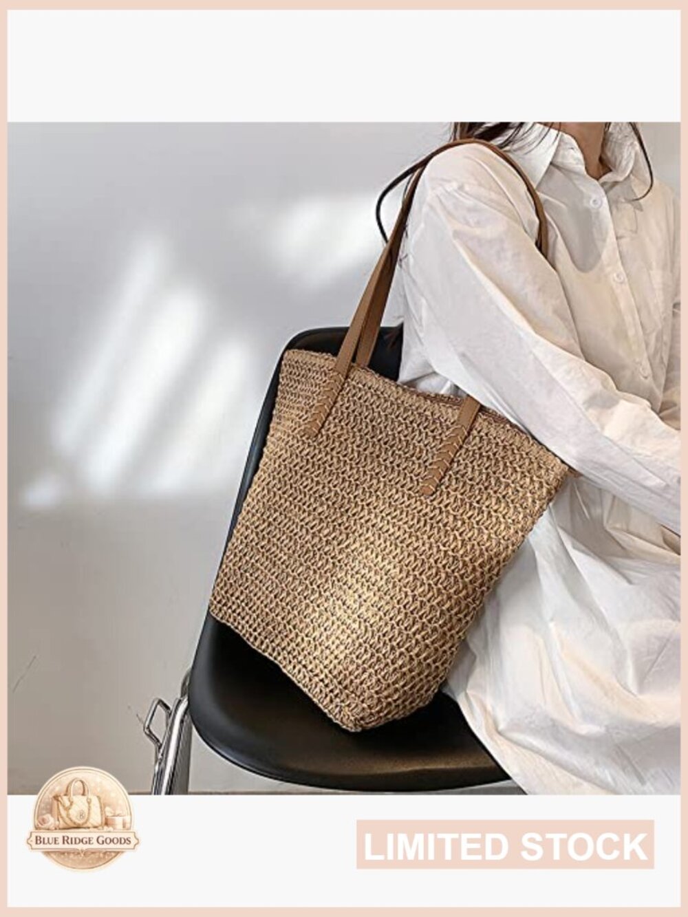 Straw Tote Bag Large Summer Beach Shoulder Bag with Zipper - Picture 7 of 7
